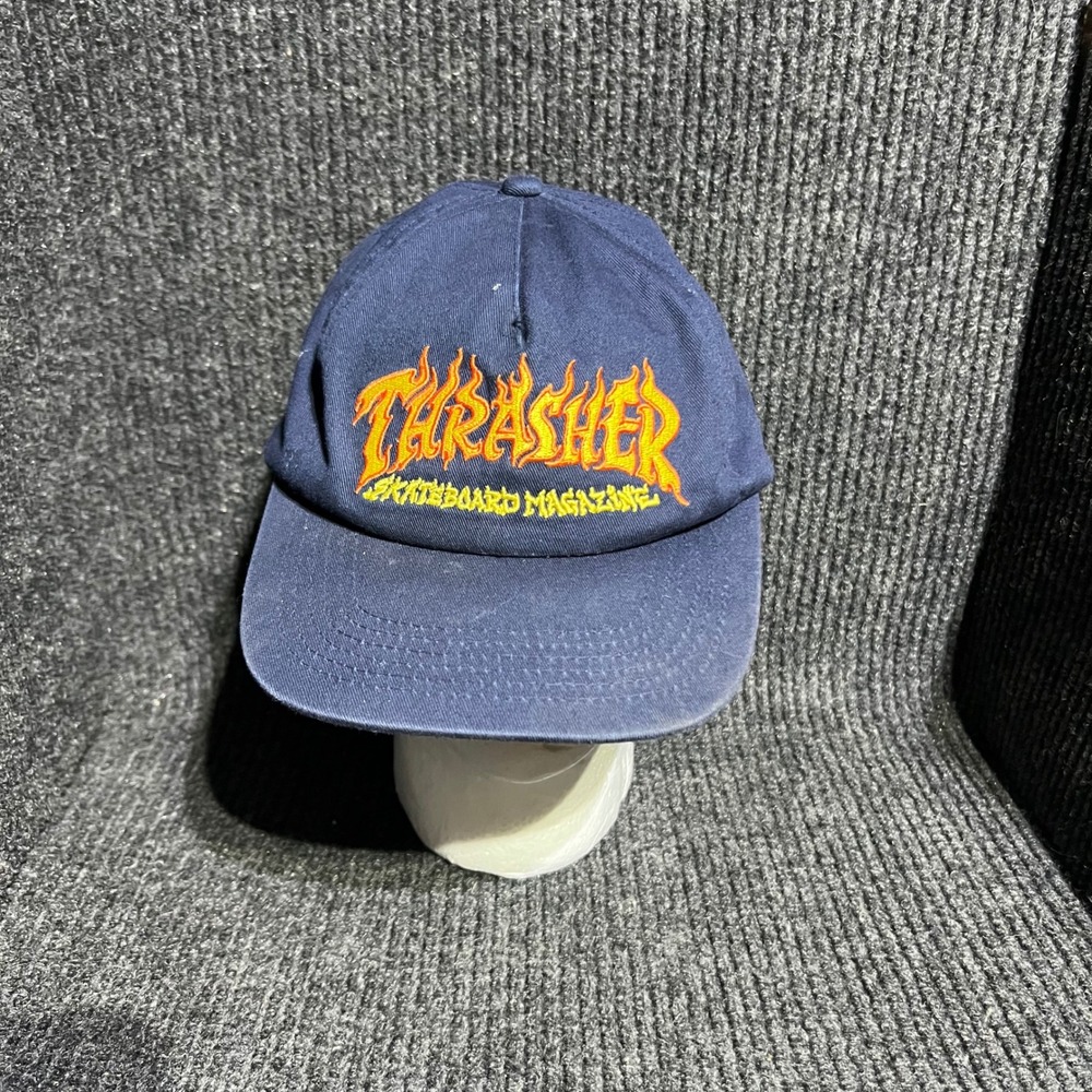 Thrasher Snapback Hat Mens OSFA Navy Blue Flame Logo Skateboard Magazine Cap